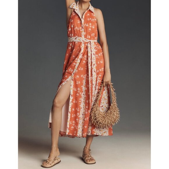 Maeve Anthropologie Halter Open-Back Godet Midi Shirt Dress Orange Floral Size L - Picture 1 of 8